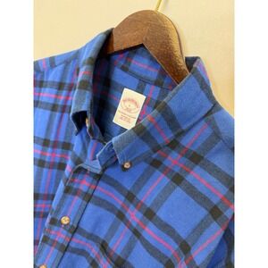 Brooks Brothers 346 Mens Large Blue Plaid Flannel Button Down Shirt Regular Fit
